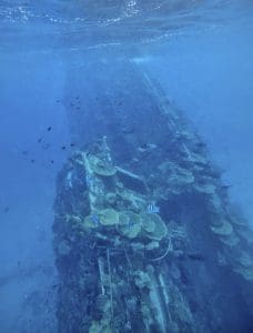 Underwater photo of Vaavu shipwreck from a distance showcasing corals and fish